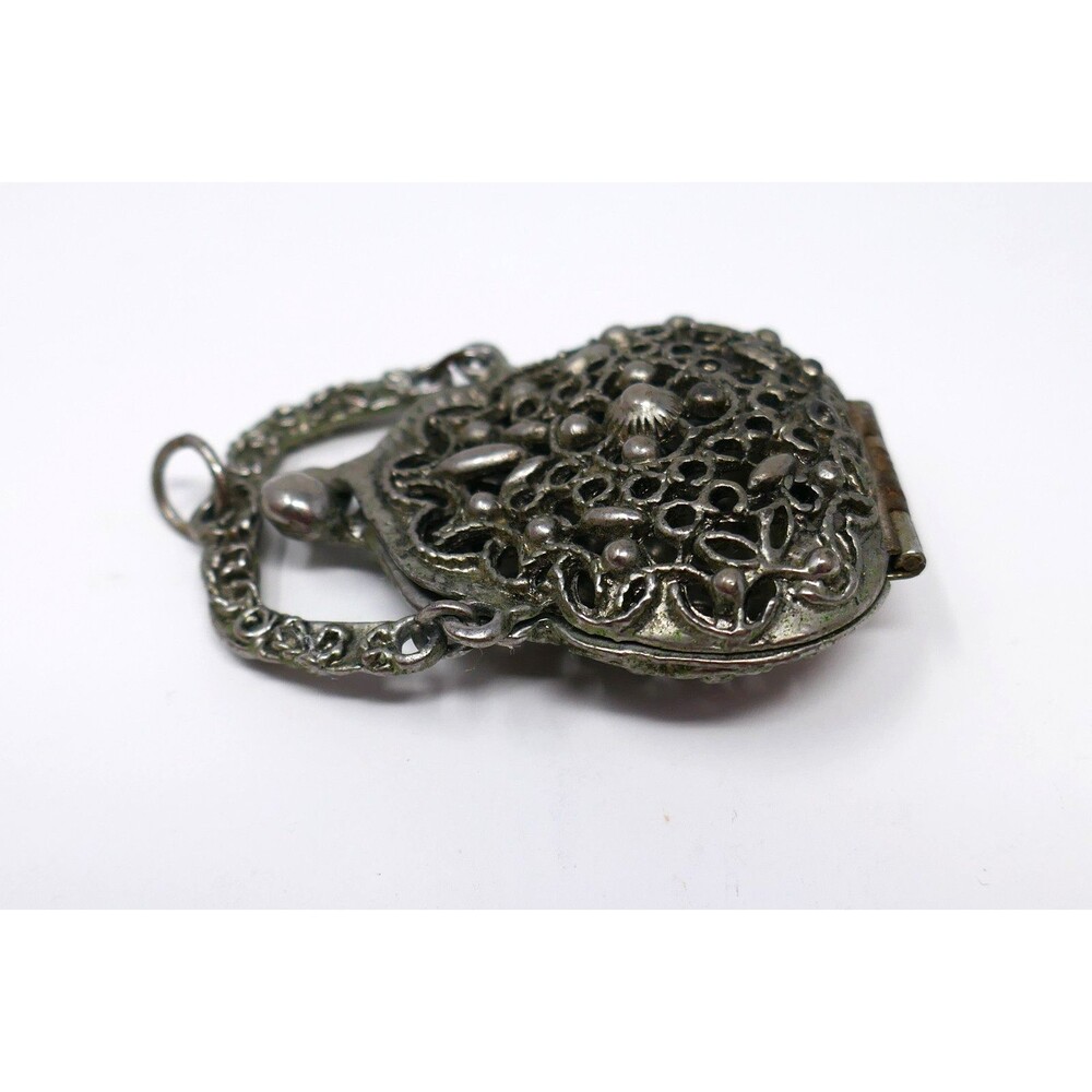 Vintage 1960s Art Deco Style Silver Tone Filigree Miniature Purse Locket Pendant - Picture 5 of 14